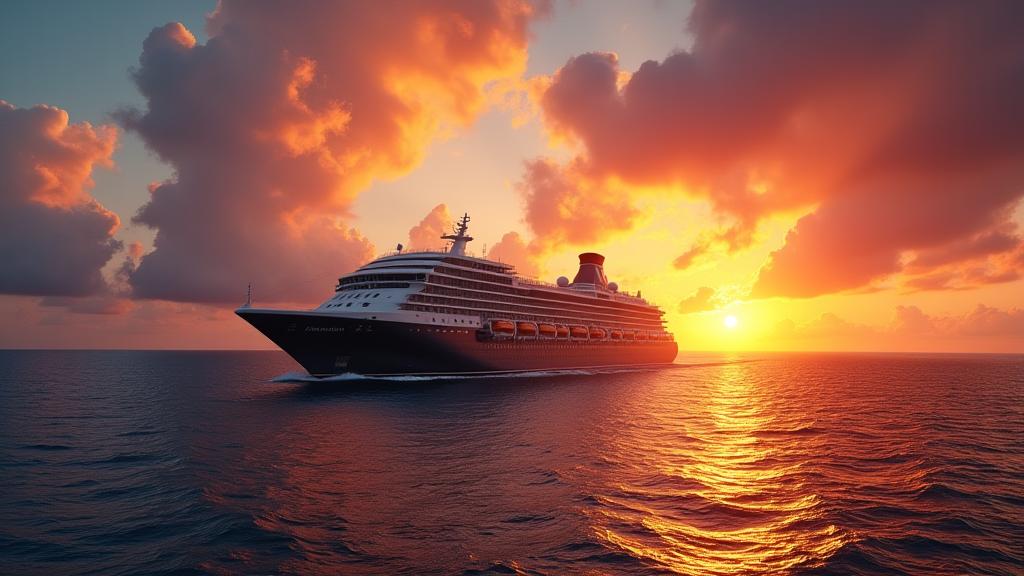Luxury cruise ship sailing at sunset in tropical waters