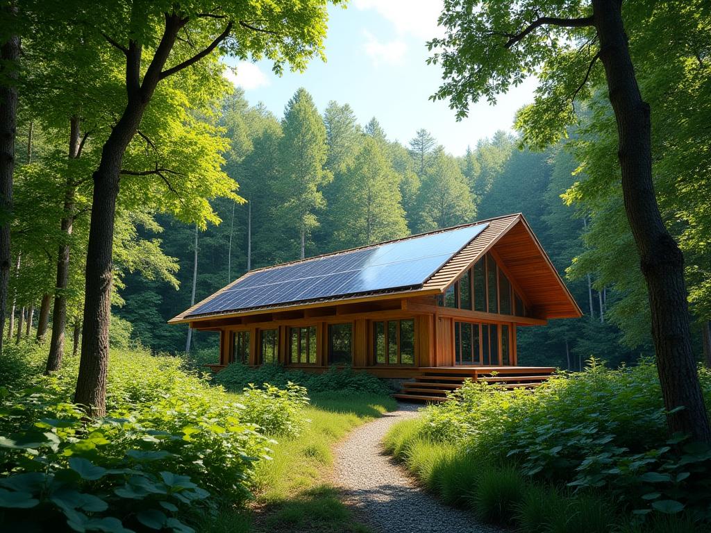 Sustainable eco-lodge with solar panels in a lush forest setting